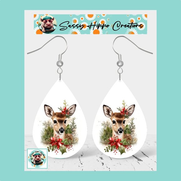 Earrings Christmas Deer Holly and Berries Holiday Hand Sublimated Printed on MDF - Picture 1 of 4